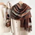 Brown plaid cashmere-feel scarf with tassels and Good Luck patch for winter - British Plaid Coffee