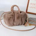 Brown faux rabbit fur pleated pumpkin bag with woven handle and shoulder strap - Dark Khaki