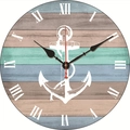 Silent vintage nautical wall clock with wooden plank background and white anchor motif - Colored Strips White Anchor
