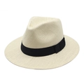 Unisex cream woven straw panama hat with black ribbon band for sun protection - M (56-58cm) / Beige