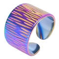 Rainbow gradient adjustable open ring in titanium steel with textured horizontal patterns - Rainbow