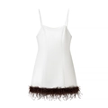 Elegantes weißes ärmelloses Minikleid mit dunkelbraunem Federpaspel und Spaghetti-Trägern - S / Weiß
