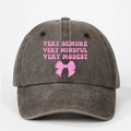 Dark grey washed cotton baseball cap with pink Very Demure print and bow detail - One Size / Coffee