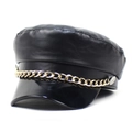 Klassische schwarze PU-Leder-Schirmmütze mit glänzendem Visier und dekorativer Goldkette - M (56-58cm) / Metallketten-Stil