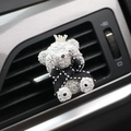 White teddy bear car air vent clip with silver crown and black polka dot ribbon bow - Silver Crown/Polka Dot Ribbon / White