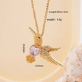 Gold hummingbird necklace with pink crystal teardrop and 40+5cm adjustable chain - Pink Hummingbird Style (2830)