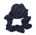 Dark blue satin hair scrunchie with a large 3D rose flower accessory in a glossy finish - Navy Blue