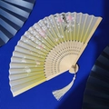 Bamboo folding fan with cherry blossom pattern, white butterfly design and silk tassel - Translucent Pink Cherry Blossom