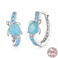Cute 925 sterling silver sea turtle hoop earrings with blue cubic zirconia and enamel - SCE1596 Blue Hoop Sea Turtle Earrings