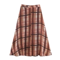 Vintage high waist A-line midi skirt with brown plaid pattern on white background - XS / Brown Plaid