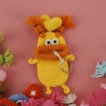 Handmade yellow crochet monster key case with orange lips and pigtails in a variant style - Orange Yellow