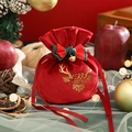 Red velvet Christmas drawstring gift bag with gold reindeer and Merry Christmas print - Burgundy - Bow Antlers Logo
