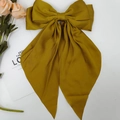 Elegant large mustard yellow satin bow hair clip with long vintage ribbon streamers - Ginger Yellow