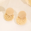 Bohemian style round natural woven rattan and wood geometric drop earrings for women - Beige Double Round Wood Rattan Style (1119)