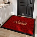 Dunkelrote rutschfeste Gummifußmatte mit goldenem Welcome-Schriftzug und Blattmuster - 60*90cm [Exquisite Stickerei] / Herzliches Willkommen