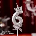 Silver number 6 birthday candle with crown decoration and glittery mesh ribbon bow - Number Candle Silver Crown Bow 6