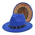 Royal blue fedora hat with leopard print underbrim and studded leather band decor - M (56-58cm) / Sapphire Blue