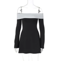 Detail of slim fit mini dress with off-shoulder design and silver-grey accent band - S / Black