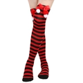 Christmas over-knee socks with red and black stripes, satin bows and white pom-poms - One Size / Red Bowknot With White Pompom / Red and Black Stripes