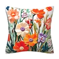 Square throw pillow cover with vibrant 3D floral embroidery in orange and purple - 18x18 Inch
