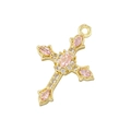 Macro detail of a gold cross pendant featuring pink marquise and clear round zircon stones - Gold Color Pink Zirconia