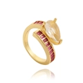 Detail of adjustable gold ring with red square zircons and a pear-shaped clear stone - Adjustable Open / Red
