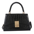 Classic black crocodile pattern handbag with braided handle and gold clasp closure - Black