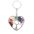 Rainbow crystal tree of life heart keychain with colorful natural gemstones in silver wire - 7 Chakra Stones Heart Scattered