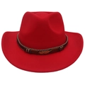 Classic red wool felt western cowboy hat with a brown woven band and gold feather accent - Adult (57-60cm) / Red