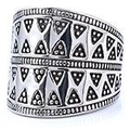 Detailed macro shot of vintage punk wide band ring with triangular geometric relief pattern - US Size 8 / Punk Retro Style (03307)