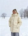 Detail of padded winter jacket with floral fruit print in snowy outdoor landscape - S / Light Yellow Floral
