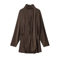 Dark brown satin long sleeve top with waist design displayed on a white background - XS / Coffee