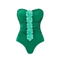 Dettaglio di fiori 3D su un costume da bagno intero a fascia blu scuro raffinato - S / Costume da bagno a fascia verde