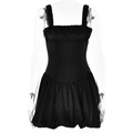 Detail of black mini dress featuring square neck pleats and stylish puff hemline - S / Black