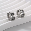 Silver stainless steel C-shaped hoop earrings with three inlaid cubic zirconia stones - Steel Color Geometric Maze (KE112980-XY)