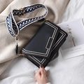 Trendy black crossbody flap bag with contrast stitching and wide woven jacquard strap - Black