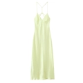 Pale yellow satin midi dress with V-neck and crisscross back straps for women - XS / Light Yellow