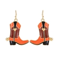 Creative western cowboy boot earrings with orange and black enamel finish on gold hooks - Vintage Western Cowboy Boot Earrings