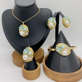 Golden jewelry set with blue flowers and pearls including necklace, earrings, and ring - Blue Flowers (KS228694-LX)