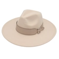 Detail of light beige wide brim fedora hat featuring a brown leather belt with silver buckle - Beige