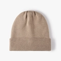 Beige ribbed knit beanie hat for women featuring a cuffed design and warm wool texture - One Size / Khaki