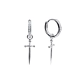 Silver punk dagger hoop earrings with sparkling cubic zirconia on a white background - Silver Dagger Pendant Punk Hoop / Sword/Silver