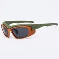 Y2K sporty outdoor sunglasses with olive green and orange frame and dark grey lenses - Brown Frame Green Leg / Dark Gray Lens