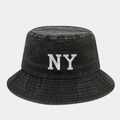 Detailed close-up of white NY letter embroidery on black washed cotton bucket hat - M (56-58cm) / Army Green