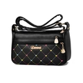 Women's black soft leather crossbody bag with multi-color diamond quilted stitching and gold logo - Black with Colorful Embroidery