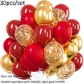Close-up of 30pcs party balloon set featuring gold metallic and red confetti balloons - Red, Metallic Gold and Gold Confetti Combination (With Ribbon)