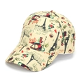 Close-up of beige baseball cap featuring vintage Paris prints and Eiffel Tower detail - One Size / Beige