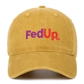Detail of mustard yellow washed cotton baseball cap with FedUp. logo embroidery - Yellow