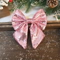 Pink glitter Christmas bow ornament with metallic sequins for holiday tree decoration - Pink
