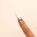 Detailed macro view of silver gothic sword and cross nail ring with black stone inlay - Antique Silver Cross Sword Nail Ring (3037)